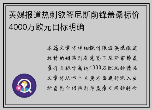 英媒报道热刺欲签尼斯前锋盖桑标价4000万欧元目标明确