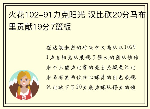 火花102-91力克阳光 汉比砍20分马布里贡献19分7篮板