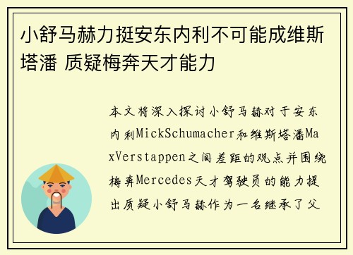 小舒马赫力挺安东内利不可能成维斯塔潘 质疑梅奔天才能力