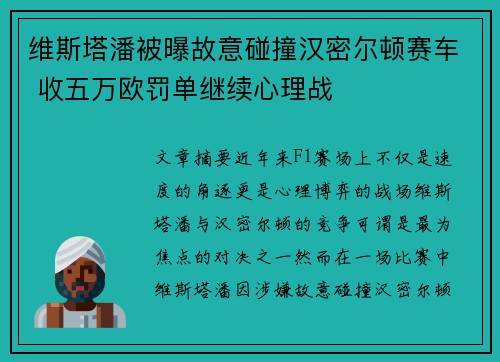 维斯塔潘被曝故意碰撞汉密尔顿赛车 收五万欧罚单继续心理战