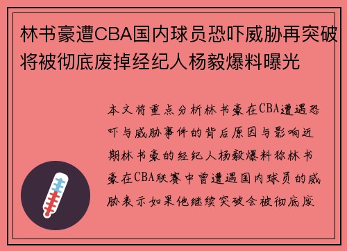 林书豪遭CBA国内球员恐吓威胁再突破将被彻底废掉经纪人杨毅爆料曝光